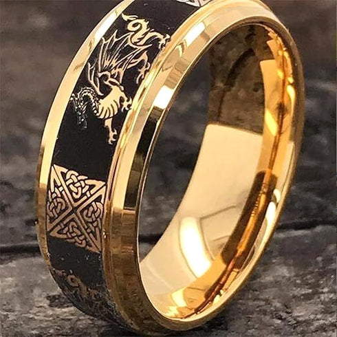 Men 8mm Tungsten Gold Black Dragon Celtic Knot Engraved Engagement Wedding Band