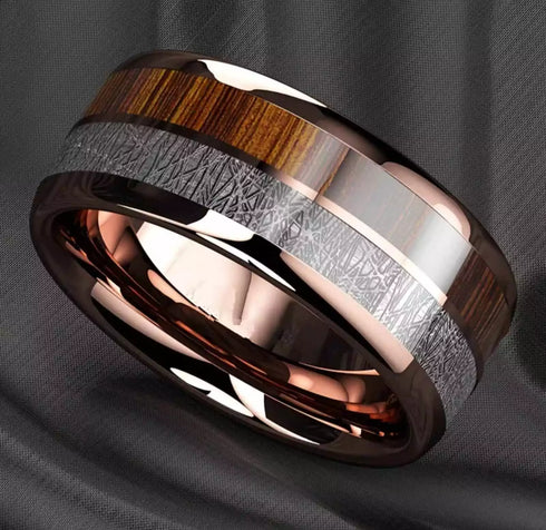 Men 8mm Tungsten Rose Gold Plated Silver Koa Wood Inlay Engagement Wedding Band