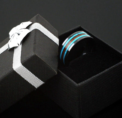 Men's 8mm Titanium Turquoise Wood Comfort-Fit Polished Carbon Fiber Wedding Band