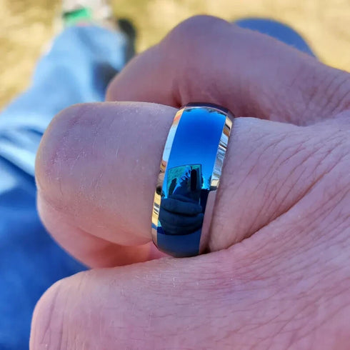 Men 8mm Tungsten Blue Glossed/Brushed Gunmetal Groove Beveled Edges Wedding Band