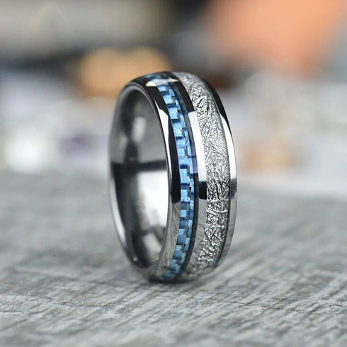 Men's 8mm Tungsten Blue Meteorite Inspired Inlay Comfort-Fit Wedding Band