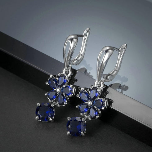 Elegant Blue Sapphire Drop 14K White Gold Plated Cubic Zirconia Women Earrings