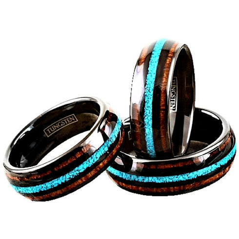 Men's 8mm Tungsten Carbide Crushed Turquoise Koa Wood Comfort-Fit Wedding Band