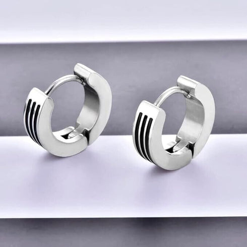 316L Surgical Steel Classic 3 Black Striped Enamel Men & Women Hoop Earrings
