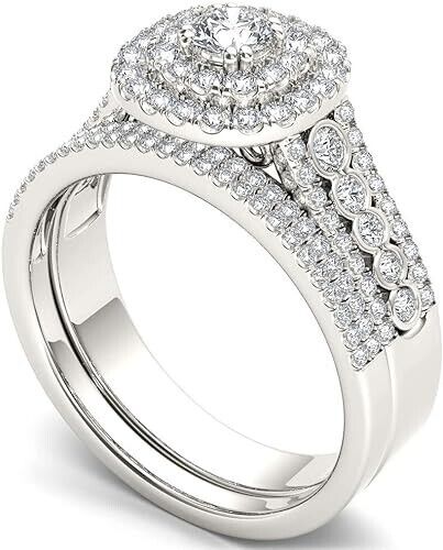 Solitaire Double Halo 14K White Gold Plated Cubic Zirconia Engagement Ring