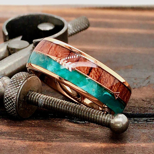 Men's 8mm Tungsten Cupid Arrow Green Malachite & Koa Wood Inlay Wedding Band