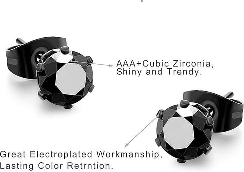5Pairs 316L Surgical Steel Black CZ 4/5/6/7/8mm Solitaire Men Women Stud Earring