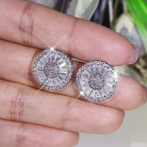 Baguette 18K White Gold Plated Round Cut Cubic Zircon Men Women Cluster Earrings