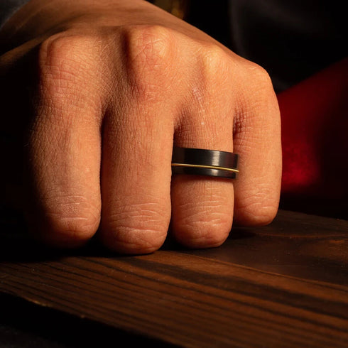 Men 8mm Black Brushed Tungsten Light Gold Guitar String Comfort-Fit Wedding Band
