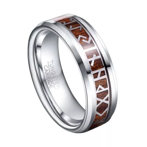 Men's 8mm Tungsten Viking Runes Pattern Wood Inlay Comfort-Fit Wedding Band
