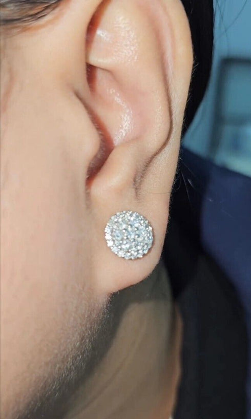 Iced Out 14K White Gold Plated Cubic Zirconia Men & Women Cluster Stud Earrings