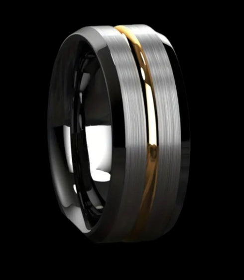 Men's 8mm Tungsten Silver Brushed Black Edge Golden Groove Wedding Band