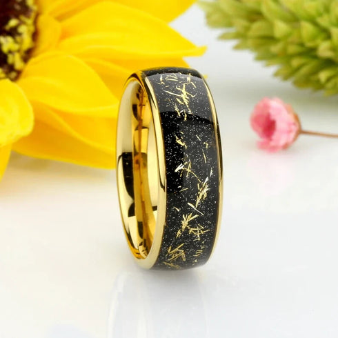 Men's 8mm Titanium Yellow Gold Leaf & Black Sandstone Comfort-Fit Wedding Band