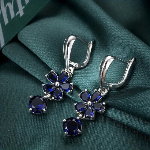 Elegant Blue Sapphire Drop 14K White Gold Plated Cubic Zirconia Women Earrings