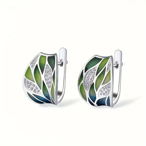 Elegant Enamel Leaf Design Gold Plated Cubic Zirconia Statement Women Earrings