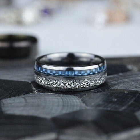 Men's 8mm Tungsten Blue Meteorite Inspired Inlay Comfort-Fit Wedding Band