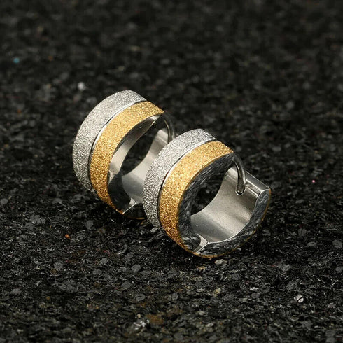 2 Tone Titanium Frosted Wide Gold Silver Hypoallergenic Men Women Hoop Earrings