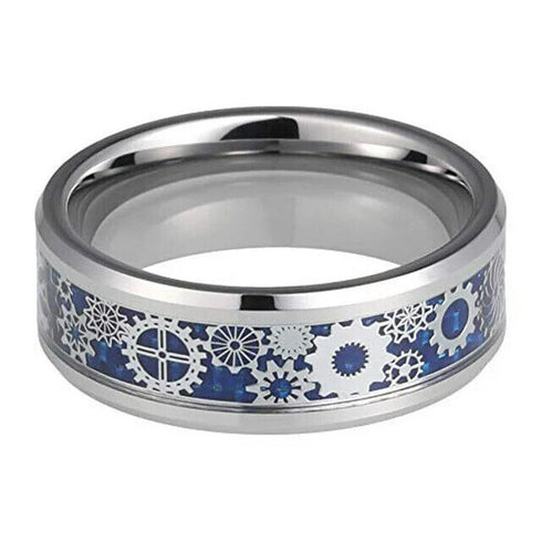 Men 8mm Tungsten Blue Carbon Fiber Steampunk Gear Inlay Comfort-Fit Wedding Ring
