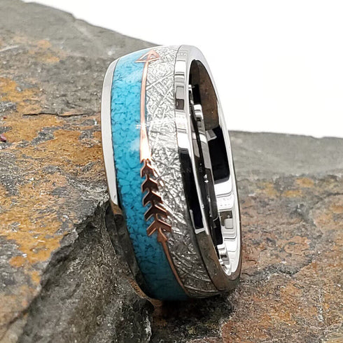 Men's 8mm Tungsten Cupid's Arrow Turquoise Meteorite Inspired Comfort-Fit Band