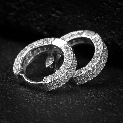 Exquisite Micro Pave 14K White Gold Plated 2 Row Iced CZ Men Women Hoop Earrings