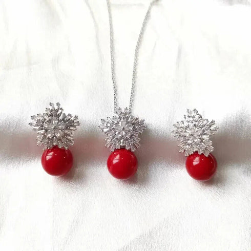 Luxury Red Pearl 18K White Gold-Plated Zirconia Necklace & Drop Stud Earrings