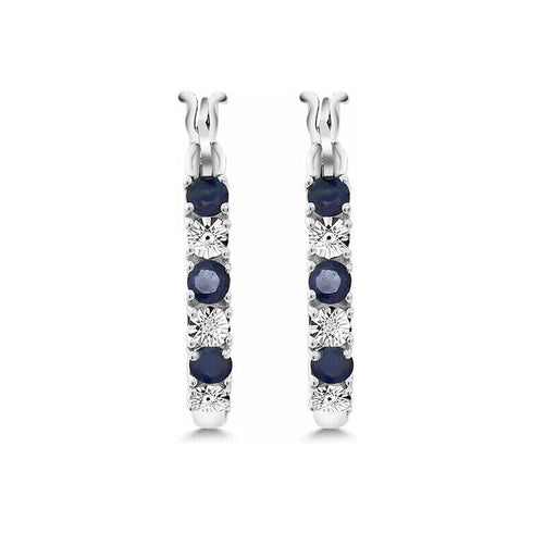14K White Gold Plated Blue Round Cut Cubic Zirconia Men Women Hoop Earrings