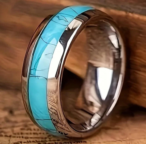 Men 8mm Tungsten Turquoise Domed Polished Carbon Fiber Comfort-Fit Wedding Band