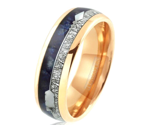 Men's 8mm Rose Gold Tungsten Blue Lapis Lazuli & Meteorite Inspired Wedding Band