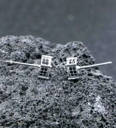 Micro Pave 14K White Gold Plated Black Cubic Zirconia Men Women Cluster Earrings