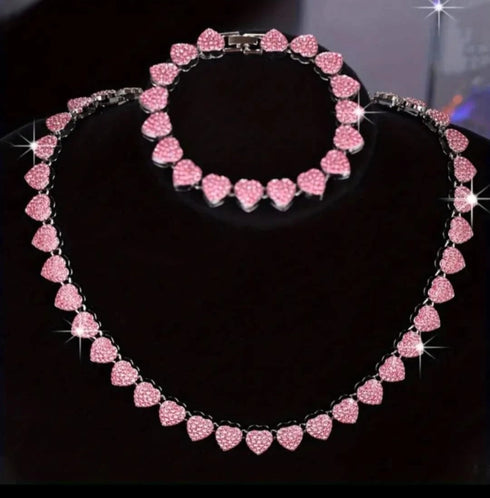 2-Pcs FULLY ICED 14K Gold Plated Heart Shape CZ Tennis Chain Necklace & Bracelet