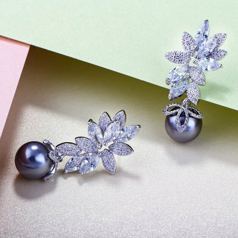 Stunning Gray Pearl Marquise 18K White Gold-Plated Cubic Zirconia Bridal Earring