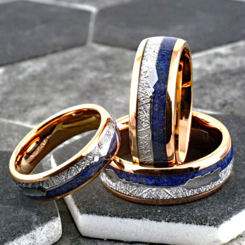 Men's 8mm Rose Gold Tungsten Blue Lapis Lazuli & Meteorite Inspired Wedding Band