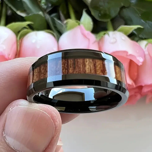 Men's 8mm Tungsten Black Hawaii Koa Wood Beveled-Edges Polished Wedding Band