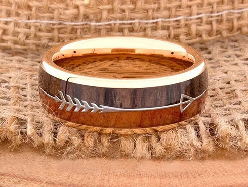 Men 8mm Tungsten Rose Gold Cupid's Arrow Koa Wood Inlay Comfort-Fit Wedding Band