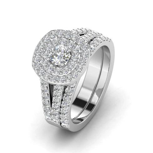 Solitaire Double Halo 14K White Gold Plated Cubic Zirconia Engagement Ring
