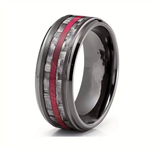Men's 8mm Tungsten Gunmetal Red Strip Comfort-Fit Engagement Wedding Band