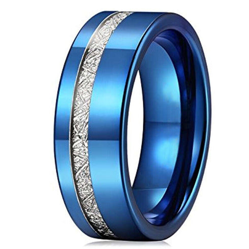 Men's 8mm Tungsten Ring Blue Silver Meteorite Inspired Inlay Wedding Band