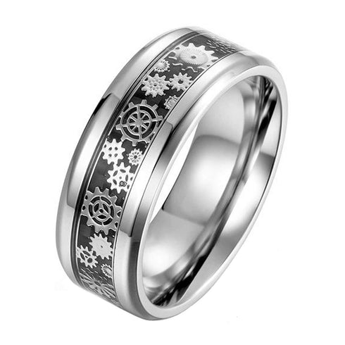 Beveled Edge Mechanical Steampunk Gear Comfort-Fit 8mm Tungsten Wedding Ring
