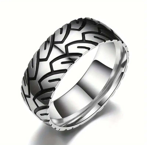 Men 8mm Titanium Motorcycle Tire Tread Pattern & Anodized Inlays Non-Fading Band