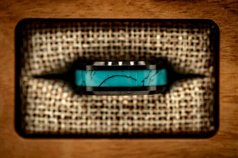 Men 8mm Tungsten Black Turquoise Beveled-Edge Comfort-Fit Polished Wedding Band