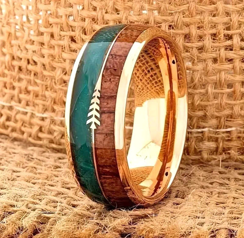 Men's 8mm Tungsten Cupid Arrow Green Malachite & Koa Wood Inlay Wedding Band