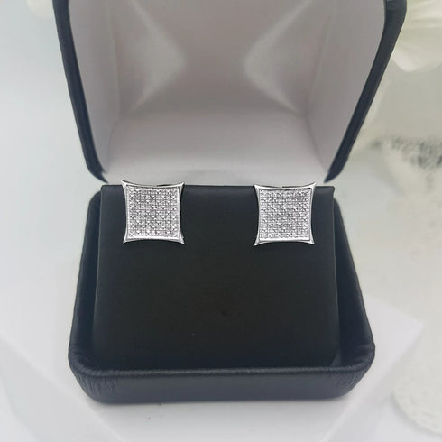 Micro Pave Kite Square 14K White Gold Plated Cubic Zircon Men Women Stud Earring