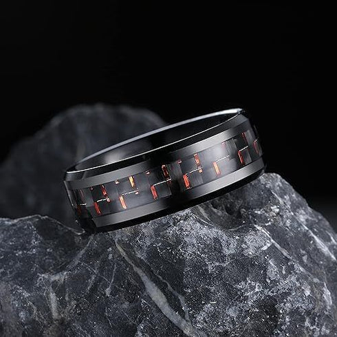 Men's 8mm Tungsten Ring Red Black Carbon Fiber Inlay Comfort-Fit Wedding Band
