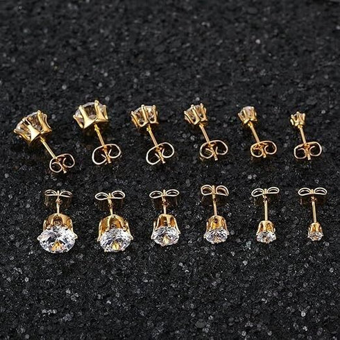 6Pairs 14K Gold Plated Cubic Zirconia 3/4/5/6/7/8mm Stud Earrings For Men Women