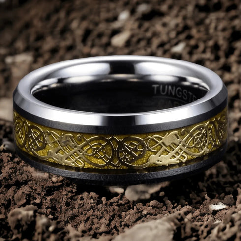 Men's 8mm Beveled Edge Comfort-Fit Yellow Celtic Dragon Tungsten Wedding Band