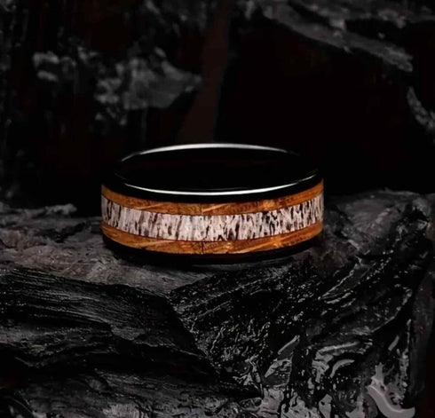 Men's 8mm Tungsten Deer Antler Whiskey Barrel Wood Inlay Engagement Wedding Band