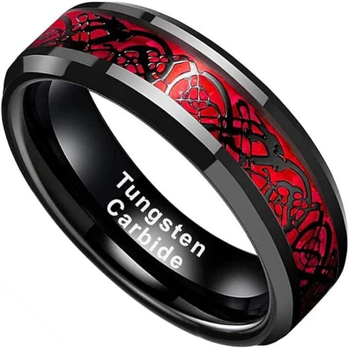 Beveled Edges Red Celtic Dragon Comfort-Fit 8mm Tungsten Wedding Band Ring