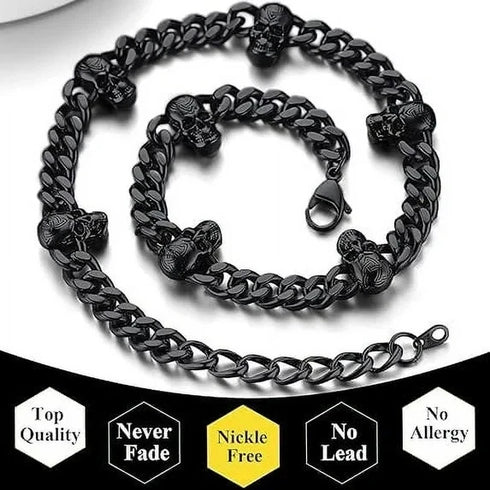 2 Pcs Black Gothic Thorns Skull Rhodium Plated Cuban Halloween Necklace & Bracelet