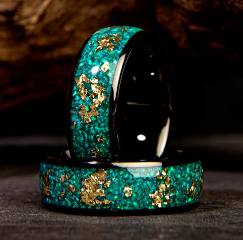 Men Women 8mm Tungsten Green Gold Leaf Flakes Meteorite Comfort-Fit Wedding Band