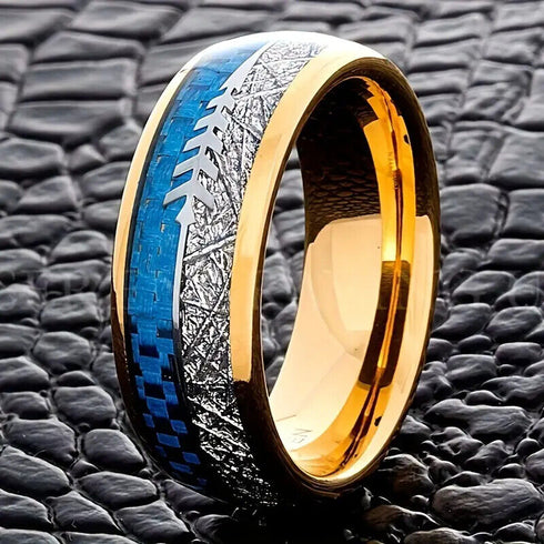 Men's 8mm Tungsten Cupid's Arrow Meteorite Inspired & Blue Lasurite Inlay Band